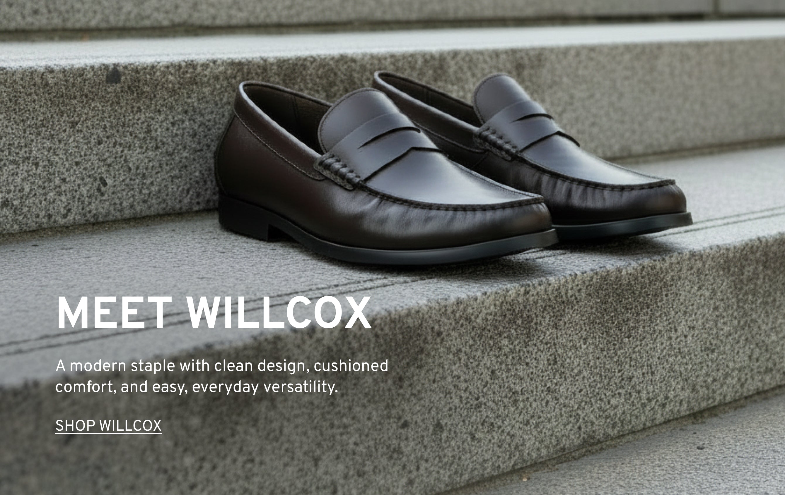 Editorial banner featuring Willcox Penny Loafers