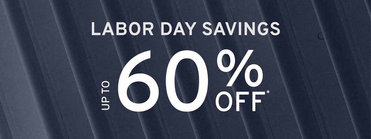 Labor Day savings banner with diagonal dark navy stripes and large white text reading 'LABOR DAY SAVINGS UP TO 60% OFF'.