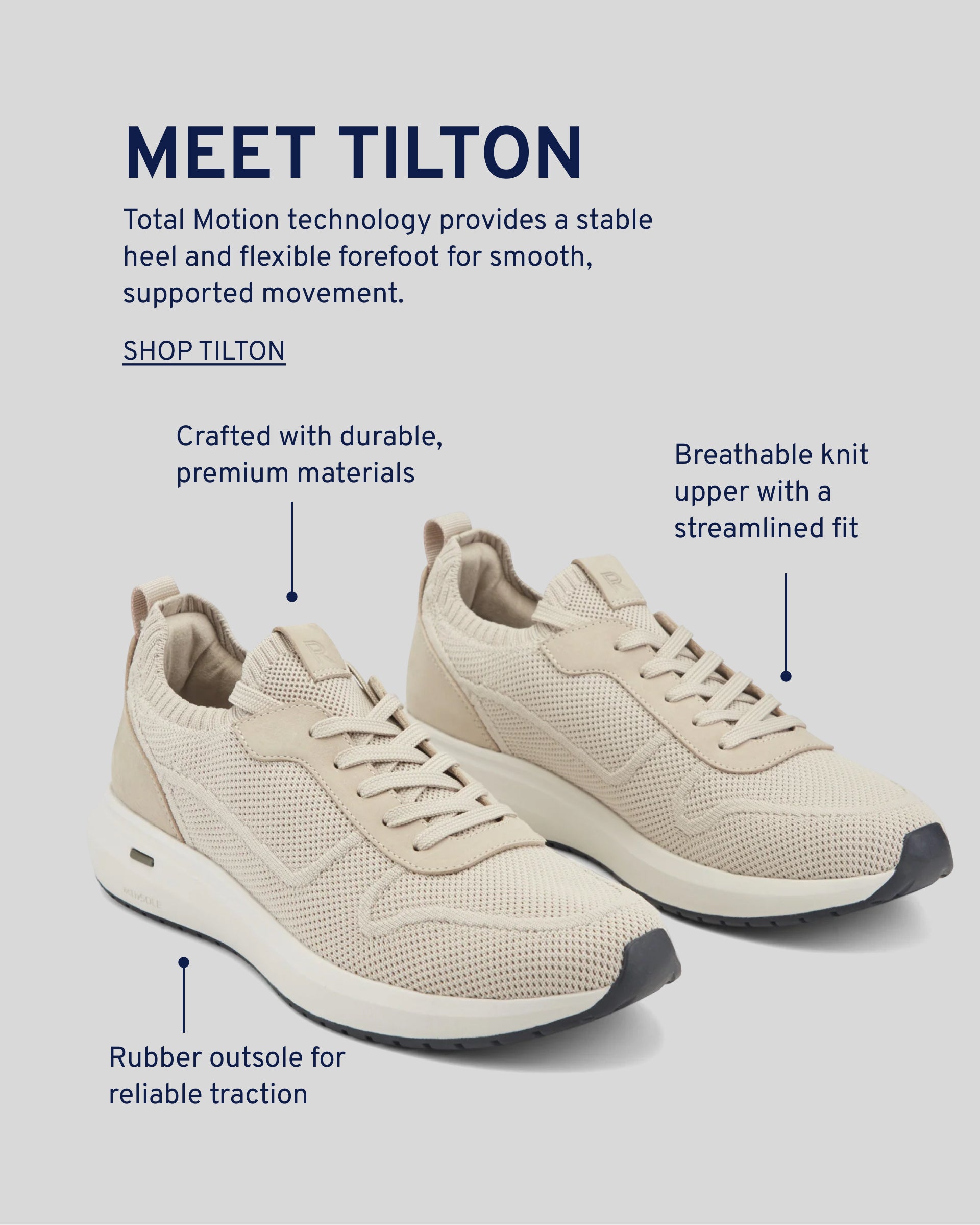 Editorial banner featuring Total Motion Tilton Sneakers