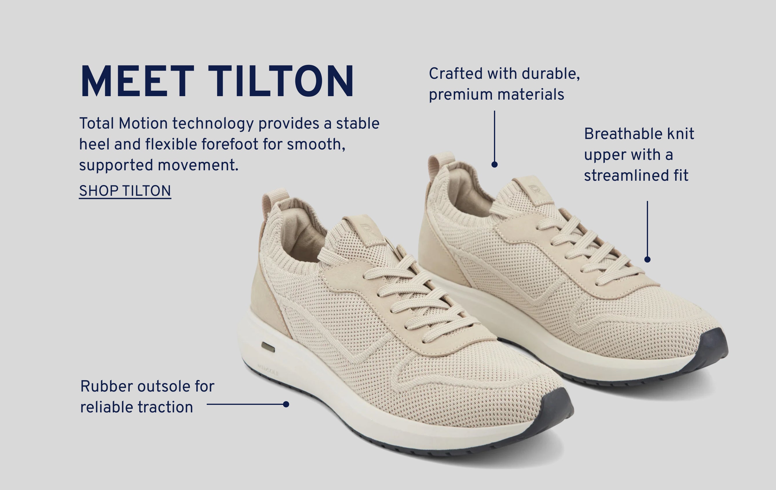 Editorial banner featuring Total Motion Tilton Sneakers