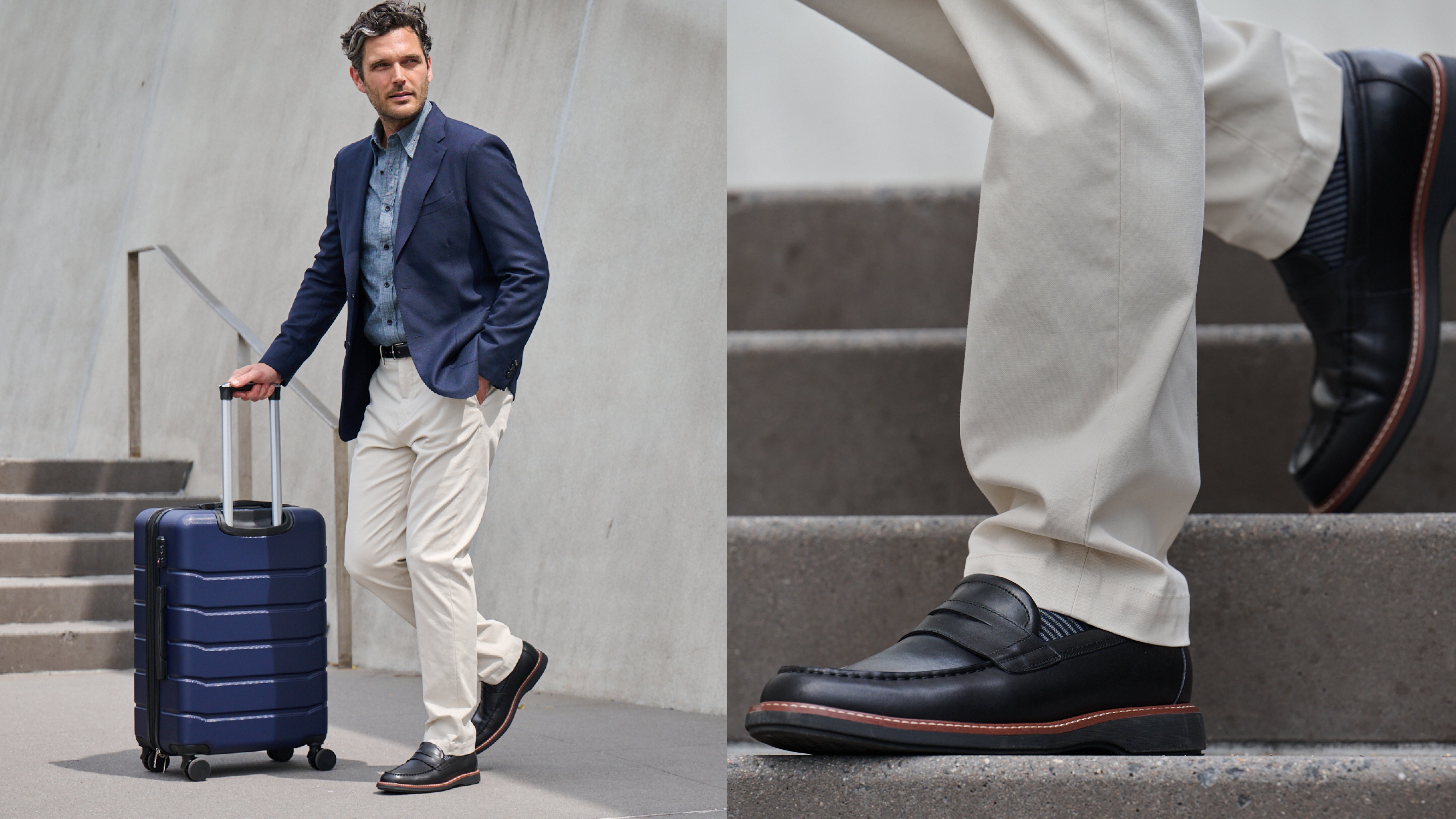 Editorial banner featuring model wearing Men's Ledger Penny Loafers
