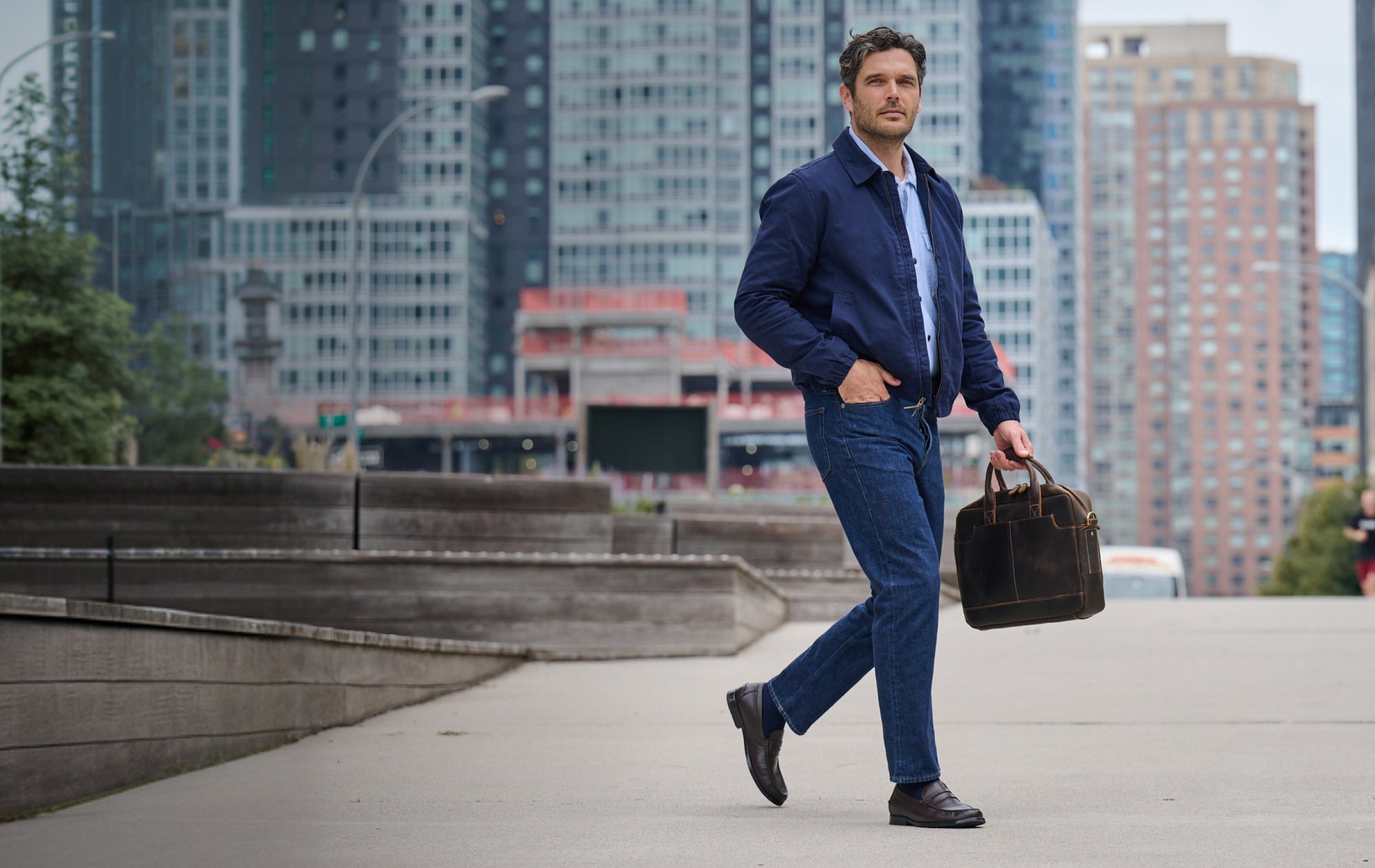 Editorial banner featuring men's office collection style