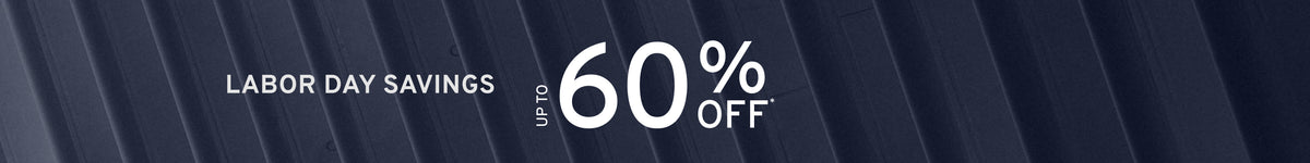 Labor Day savings banner with diagonal dark navy stripes and large white text reading 'LABOR DAY SAVINGS UP TO 60% OFF'.