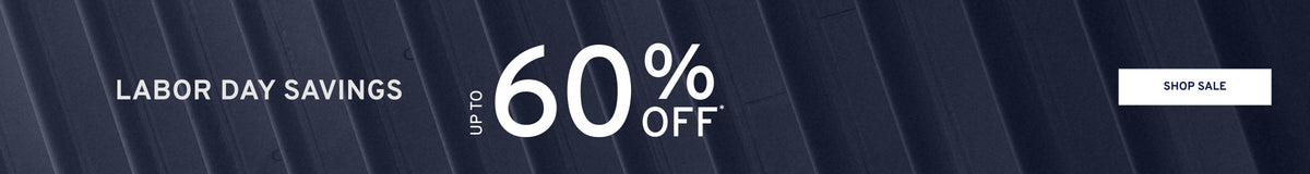 Promotional banner with diagonal dark blue and black stripes, large white text reading 'LABOR DAY SAVINGS UP TO 60% OFF', and a small white 'SHOP SALE' button on the right.